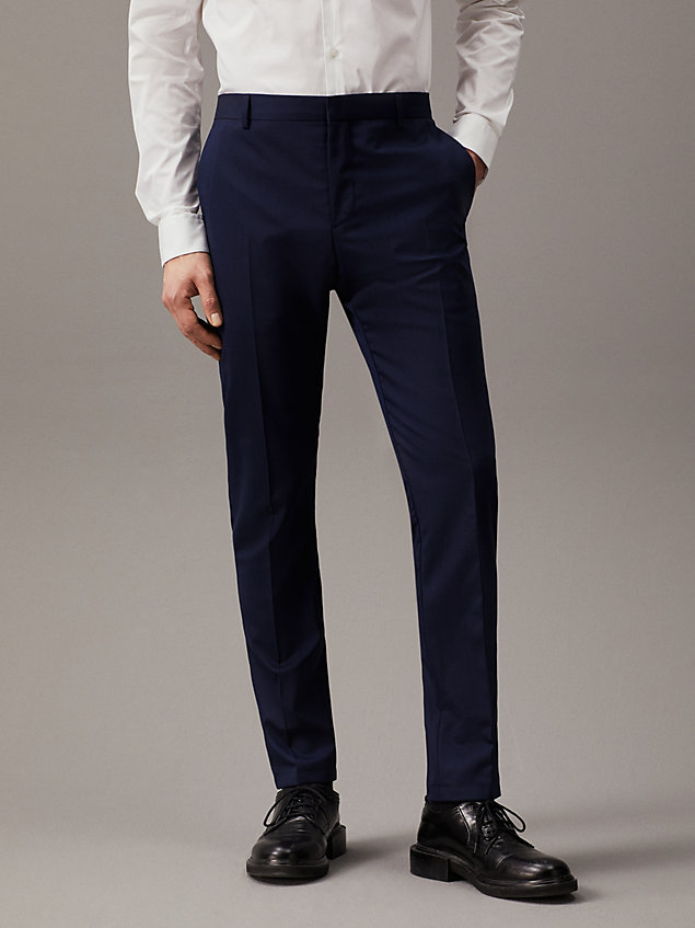 blue wąskie spodnie garniturowe z wełny ze stretchem dla mężczyźni - calvin klein
