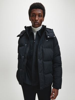 calvin klein shiny detachable hood puffer jacket in black