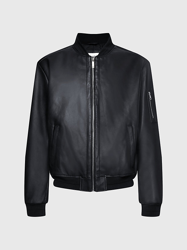 black relaxed leather bomber jacket for men calvin klein