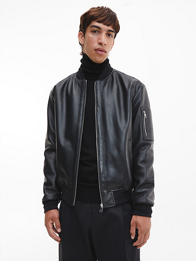 black relaxed leather bomber jacket for men calvin klein