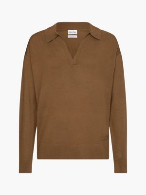 CHESTER BROWN Relaxed Merino Wool Polo Jumper for men CALVIN KLEIN