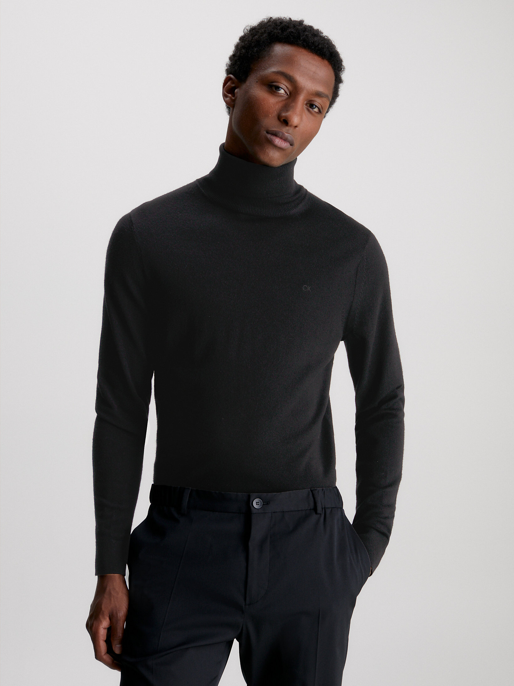CK Black Merino Wool Roll Neck Jumper undefined men Calvin Klein