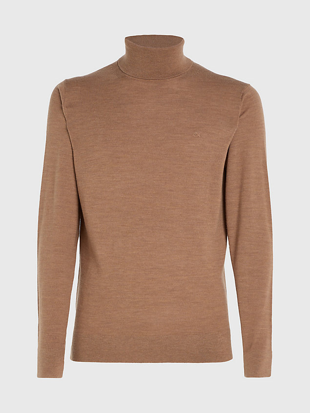 brown sweter z golfem z wełny merynosa dla mężczyźni - calvin klein
