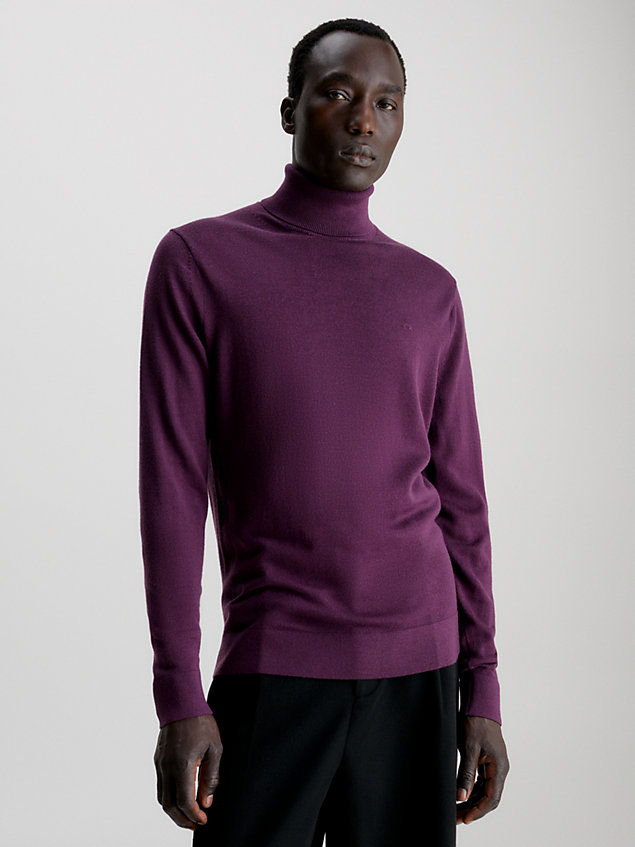 purple sweter z golfem z wełny merynosa dla mężczyźni - calvin klein