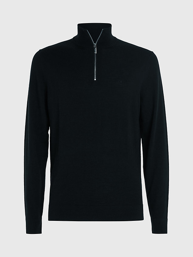 black sweter z dekoltem na zamek z wełny merynosa dla mężczyźni - calvin klein