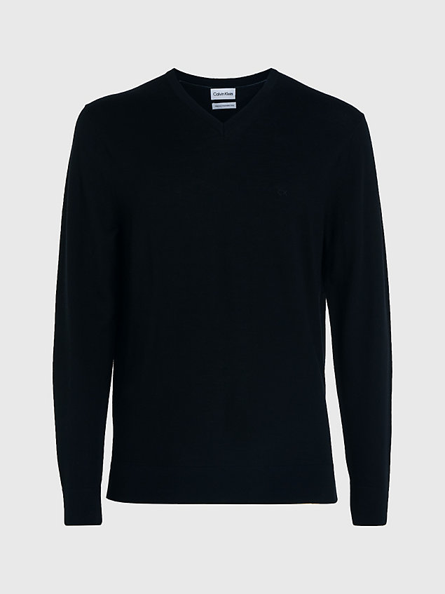 black sweter z dekoltem w serek z wełny merynosa dla mężczyźni - calvin klein