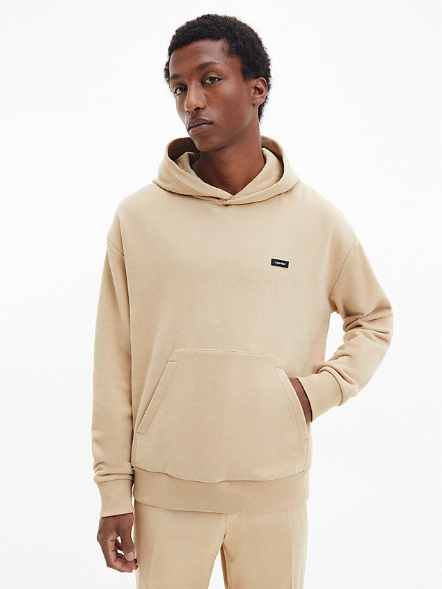 beige cotton micro logo hoodie for men calvin klein
