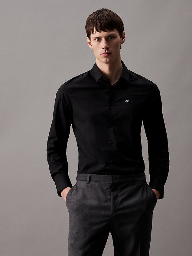 black popelinowa wąska koszula ze stretchem dla mężczyźni - calvin klein