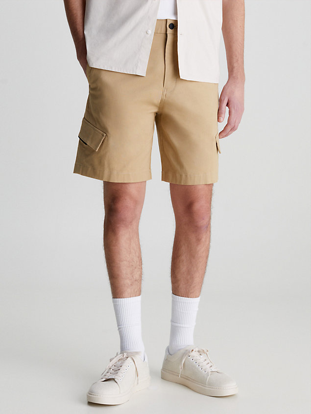 beige relaxed twill cargo shorts for men calvin klein