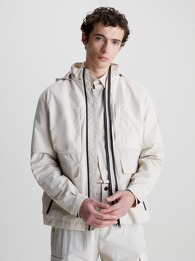 beige crinkle nylon hooded jacket for men calvin klein