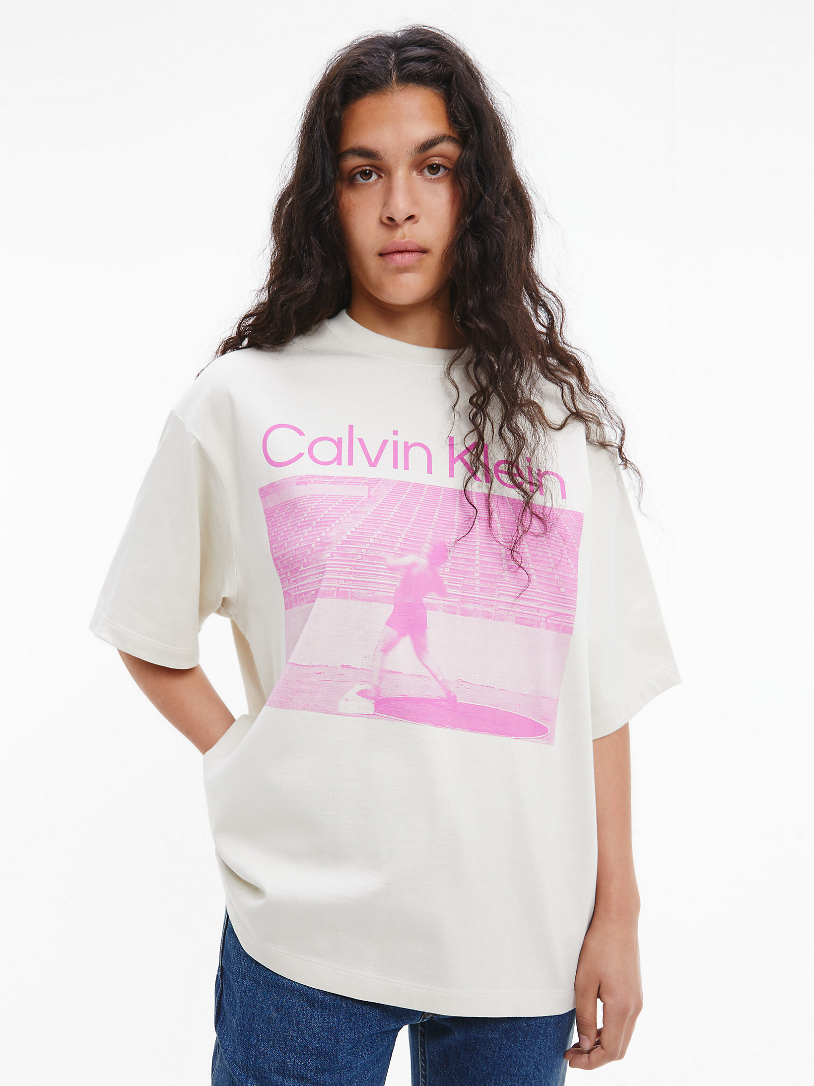 Bone White Unisex-T-Shirt Mit Print – CK Standards undefined unisex Calvin Klein