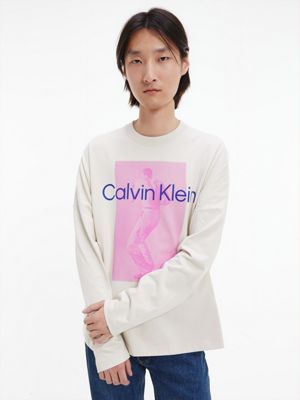 bone white unisex printed long sleeve t-shirt - ck standards for unisex calvin klein