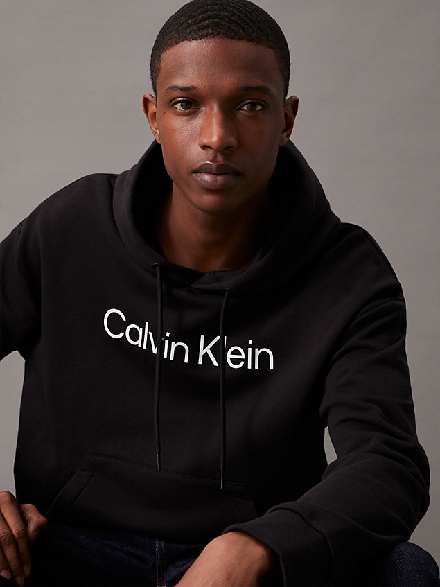 black bluza z kapturem z logo z bawełny frotte dla mężczyźni - calvin klein