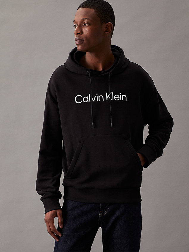 black cotton terry logo hoodie for men calvin klein