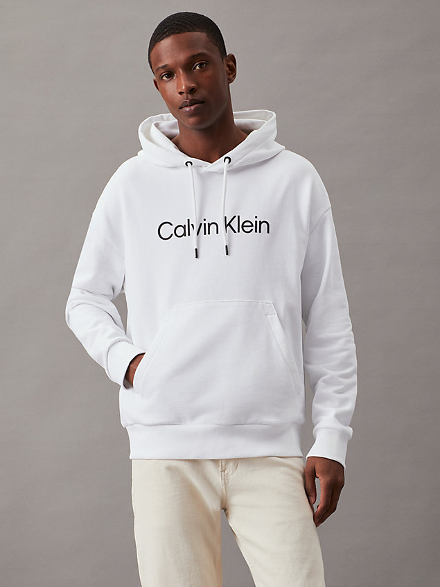 white cotton terry logo hoodie for men calvin klein