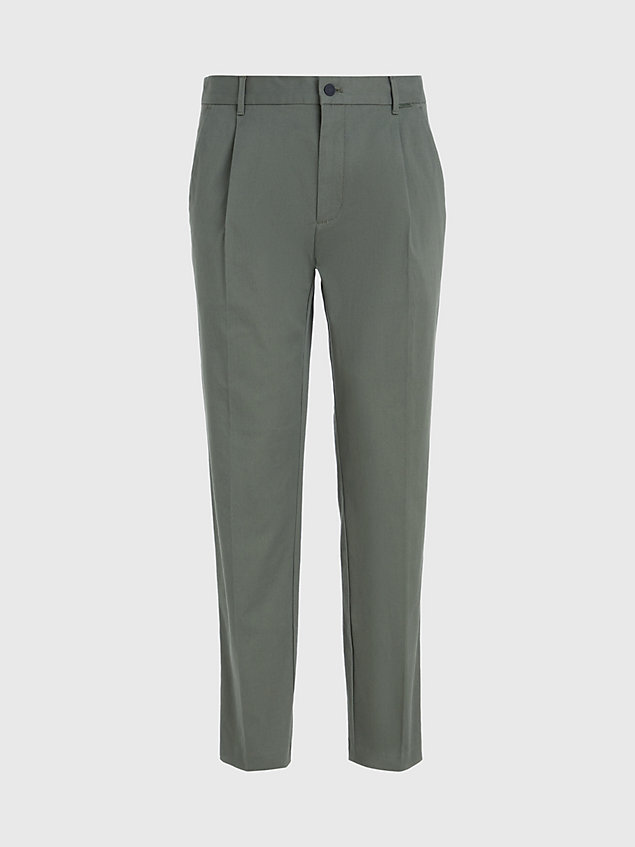 green zwężane spodnie z plisami z diagonalu dla mężczyźni - calvin klein