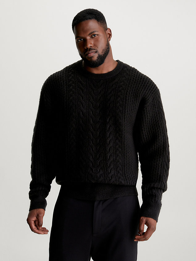 black sweter o splocie kablowym z mieszanki wełny dla mężczyźni - calvin klein