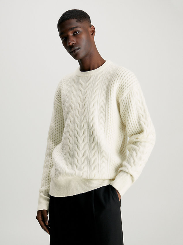 white wool blend cable knit jumper for men calvin klein