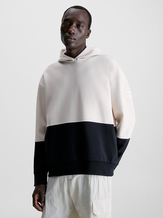 beige organic cotton colourblock hoodie for men calvin klein