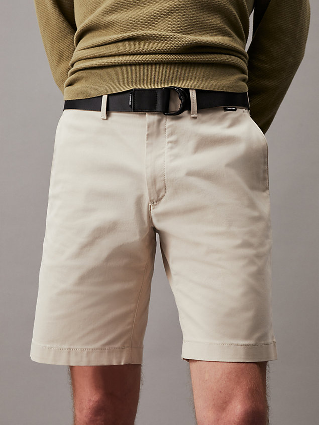beige slim twill belted shorts for men calvin klein