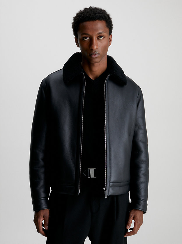ck black leather shearling jacket for men calvin klein
