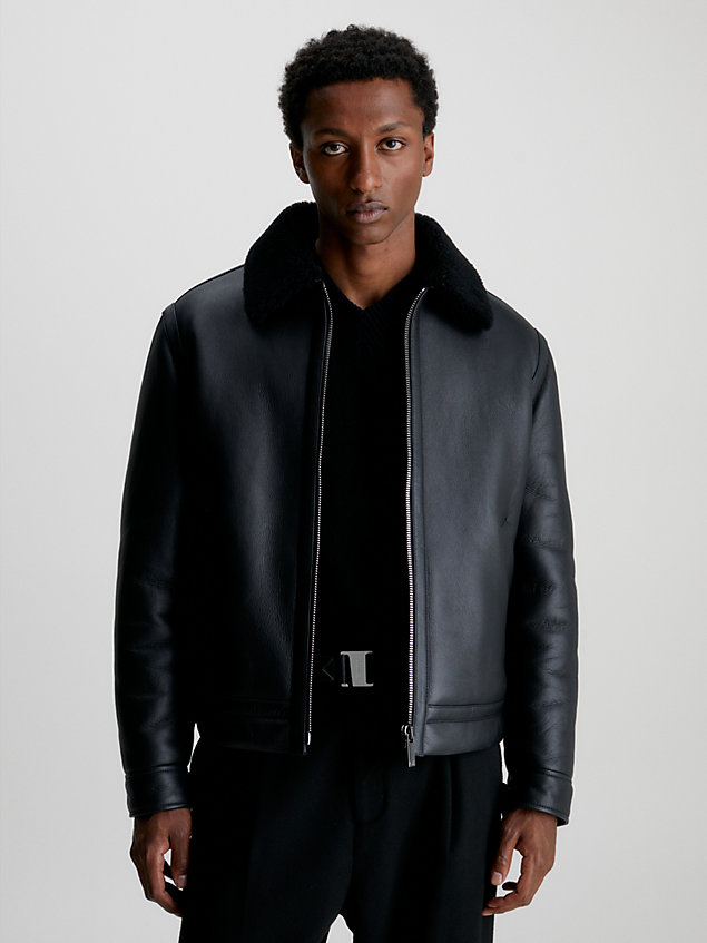 black leather shearling jacket for men calvin klein
