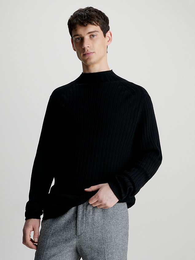 black sweter z wełny merynosa o ściągaczowym splocie dla mężczyźni - calvin klein