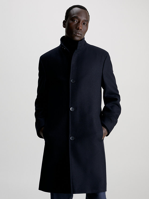 blue wool funnel neck coat for men calvin klein