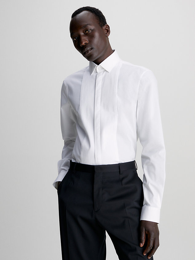 white slim stretch poplin tuxedo shirt for men calvin klein