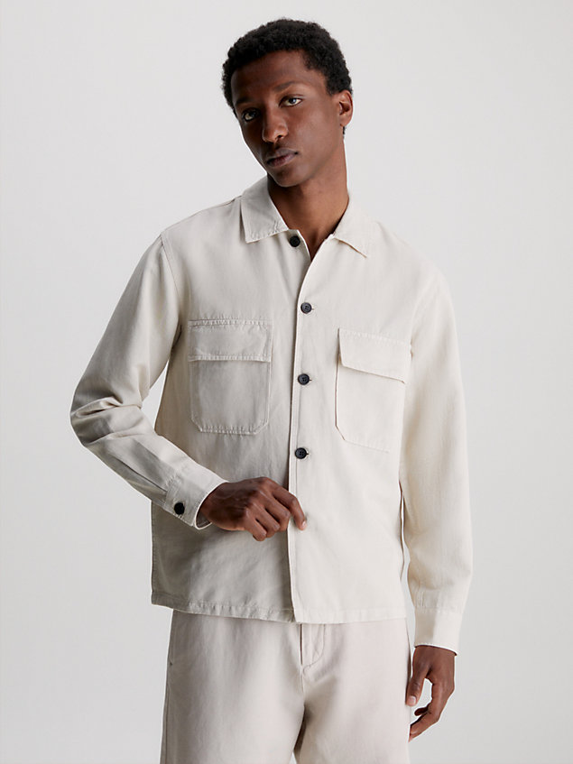 beige boxy cotton linen overshirt for men calvin klein
