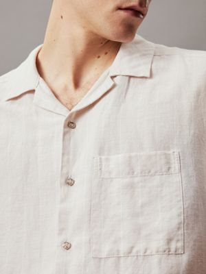 stony beige linen cotton striped shirt for men calvin klein