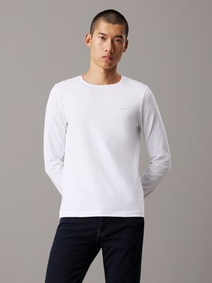 Camiseta interior de manga larga para hombre, algodón elástico orgánico,  cuello en V, color blanco