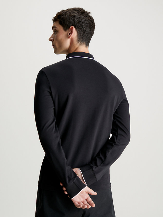 black wąskia koszula polo z długim rękawem z piki ze stretchem dla mężczyźni - calvin klein