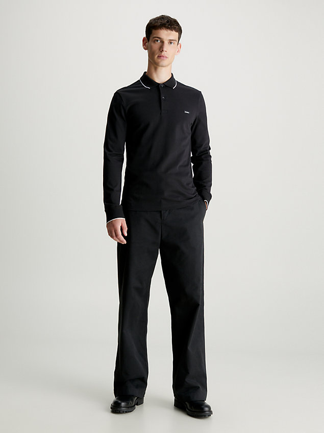 black wąskia koszula polo z długim rękawem z piki ze stretchem dla mężczyźni - calvin klein