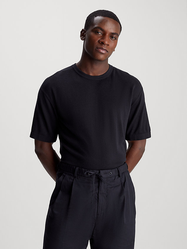 black t-shirt dzianinowy z domieszką wiskozy dla mężczyźni - calvin klein
