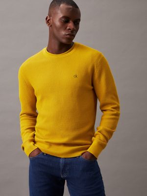 yellow waffle textured jumper for men calvin klein