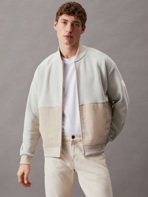 beige bonded fleece bomber jacket for men calvin klein