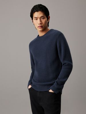 blue merino blend ribbed jumper for men calvin klein