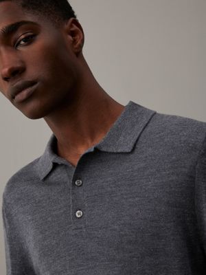 dark grey heather merino wool polo jumper for men calvin klein