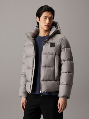 grey hooded puffer jacket for men calvin klein