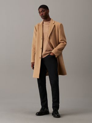 khaki slim brushed wool coat for men calvin klein