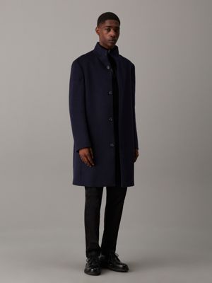 blue slim wool funnel neck coat for men calvin klein