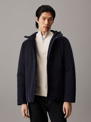 blue technical twill hooded jacket for men calvin klein