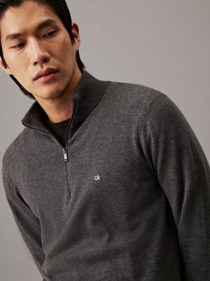 dark grey heather cotton silk quarter zip jumper for men calvin klein