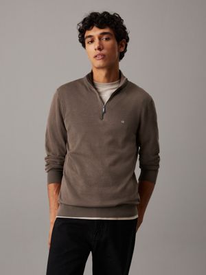 muted brown cotton silk quarter zip jumper for men calvin klein