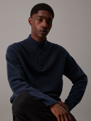 blue merino button neck jumper for men calvin klein