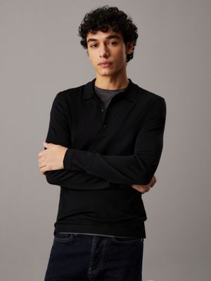 black sweter polo z jedwabiu i wełny merynosa dla mężczyźni - calvin klein