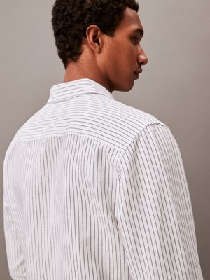 brilliant white striped linen blend classic button-down shirt for men calvin klein