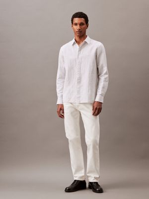 brilliant white striped linen blend classic button-down shirt for men calvin klein