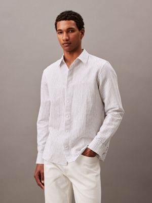 white striped linen blend classic button-down shirt for men calvin klein